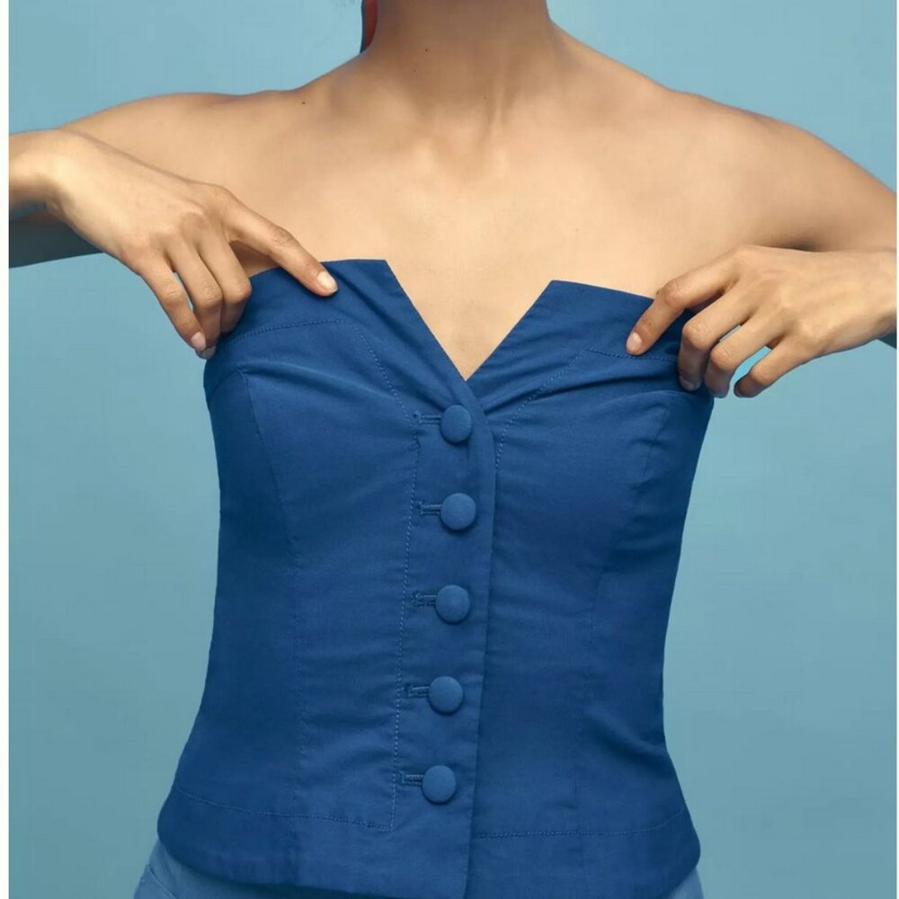 Anthropologie Maeve Strapless fitted Button Front Top Cobalt Blue size M